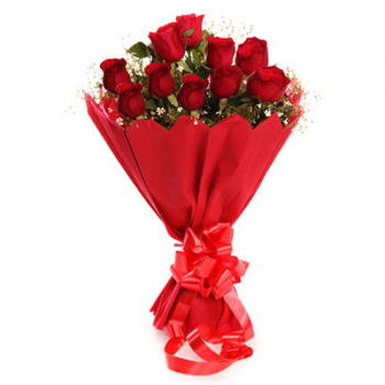Bunch of 10 Red Roses in Paper Packing