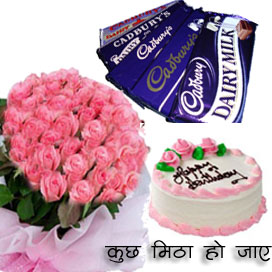 25 Pink Roses Bunch & 1/2 kg Pineapple Cake & 10 Small Dairy Milk Chocolates