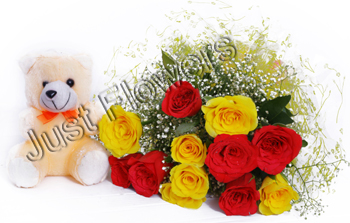 Bunch of 12 Red and Yellow Roses with Small Teddy