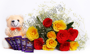 12 Red & Yellow Roses with Small Teddy & 5 Dairy Milk Small