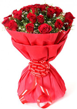 Bunch of 30 Red Roses Red Tissue PackingFlowers Delivery in Kumaraswamy Layout Bangalore