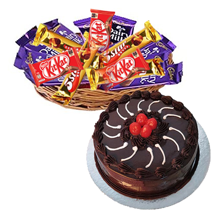 Basket of Mix Chocolates Small & Chocolate Truffle CakeFlowers Delivery in Yediyur Bangalore