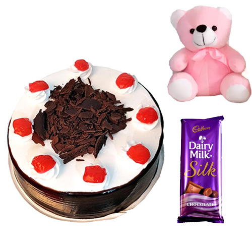 500gm Black Forest Cake with small Teddy & Dairy Milk Silk