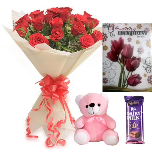 Roses with Teddy Chocolate and Card