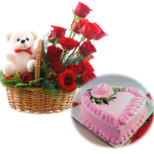 Rose Basket & Heartshape Strawberry Cake