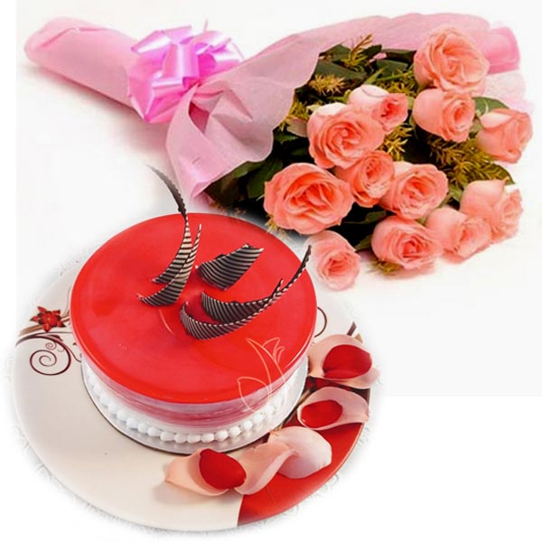 Pink Roses & Strawberry Cake