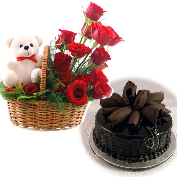 Rose Basket & Chocolate Roll Cake