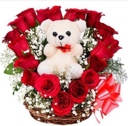 Basket of Red Roses with Teddy Bear