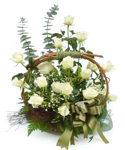 25 White Roses Arranged in a Basket